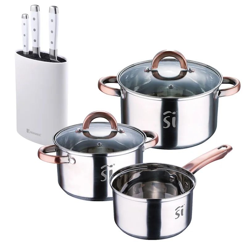 Bateria 5pc acero inoxidable Ø16Ø18Ø20, aptas para inducción+ Bergner NATURALLY Juego de 3 Cuchillos de acero inoxidable + Tacoma en color Blanco - Cocina