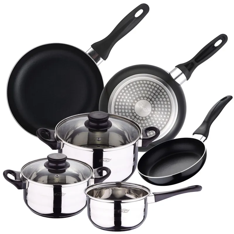 Batería de cocina SIP 5 piezas (cazo + dos ollas con tapa de vidrio) con Set de 3 sartenes Ø16/20/24 cms., inducción