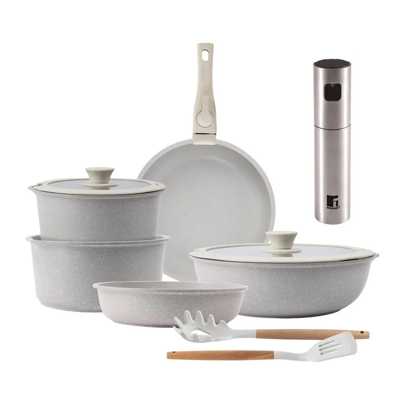 Batería de cocina 10 Pzs Beige/Mango extraíble,3 Sartenes,2 Cazos,Tapas y Utensilios+ Bergner Copper Pulverizador de Aceite y vinagre
