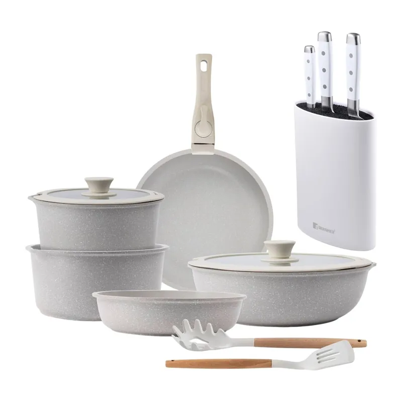 Batería de cocina 10 Pzs Beige/Mango extraíble,3 Sartenes,2 Cazos,Tapas y Utensilios+Juego de 3 Cuchillos de acero inoxidable con Tacoma
