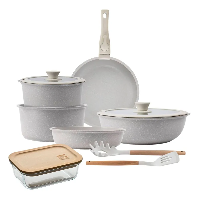 Batería de cocina 10 Pzs Beige/Mango extraíble,3 Sartenes,2 Cazos,Tapas y Utensilios+Hermético de 650ml en vidrio de borosilicato