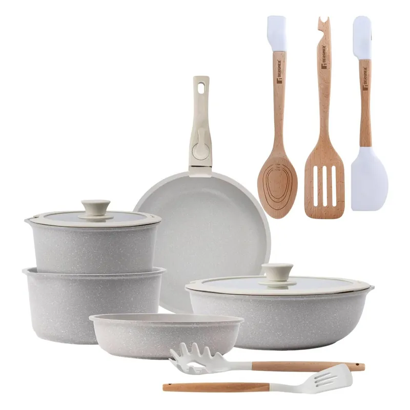 Batería de cocina 10 Pzs Beige/Mango extraíble,3 Sartenes,2 Cazos,Tapas y Utensilios+Juego de 3 Utensilios de cocina en silicona y madera