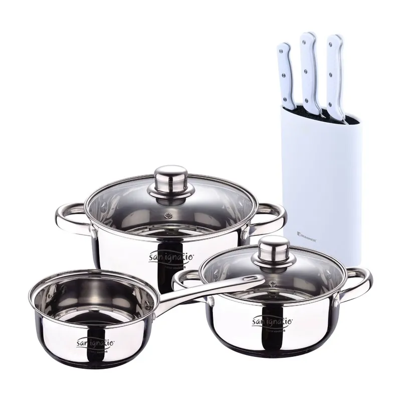 Bateria 5pcs acero inoxidable: cazo Ø16x7,5 Cacerolas de Ø18x8,5 y Ø20x9,5 cms., inducción+Set de 3 Cuchillos con Tacoma en Acero inoxidable - Cocina