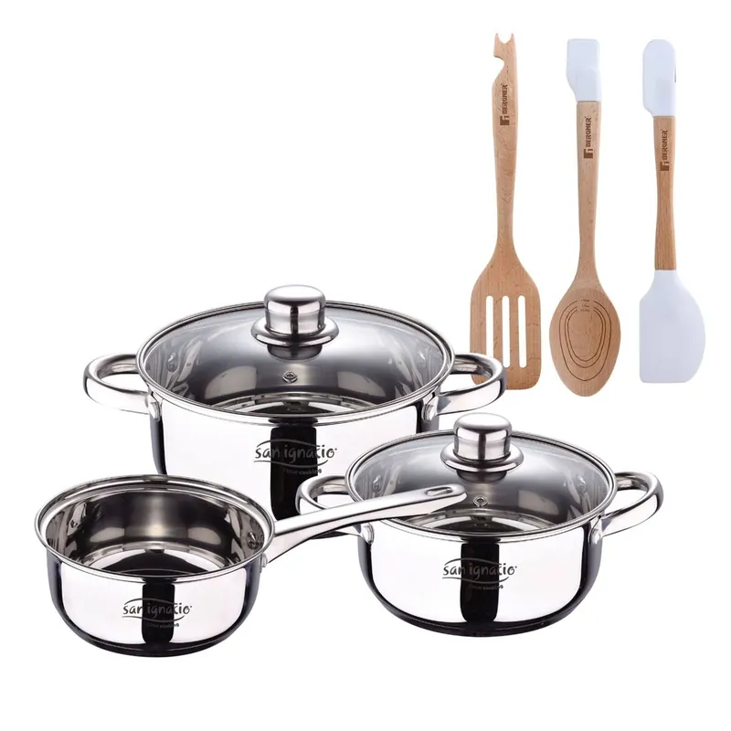 Bateria 5pcs acero inoxidable: cazo Ø16x7,5 Cacerolas de Ø18x8,5 y Ø20x9,5 cms., inducción+Juego de 3 Utensilios de cocina en silicona y madera