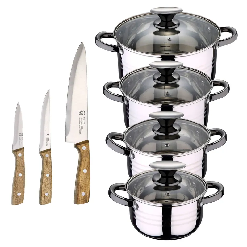 Bateria 8pc acero inoxidable apta para inducción Colección San Ignacio Premium + Set de 3 cuchillos de acero inoxidable para cocina NOIA San Ignacio
