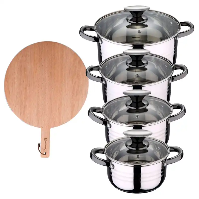 Bateria 8pc acero inoxidable apta para inducción Colección San Ignacio Premium +Tabla de corte Redonda de 38x28x1,5cm en madera de haya - Cocina