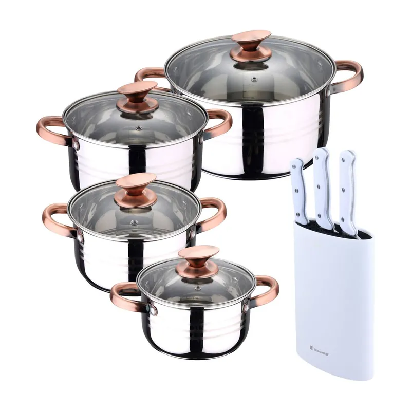 Bateria 8pc acero inoxidable apta para inducción Colección San Ignacio Premium + Bergner NATURALLY Set de 3 Cuchillos con Tacoma en Acero inoxidable - Cocina