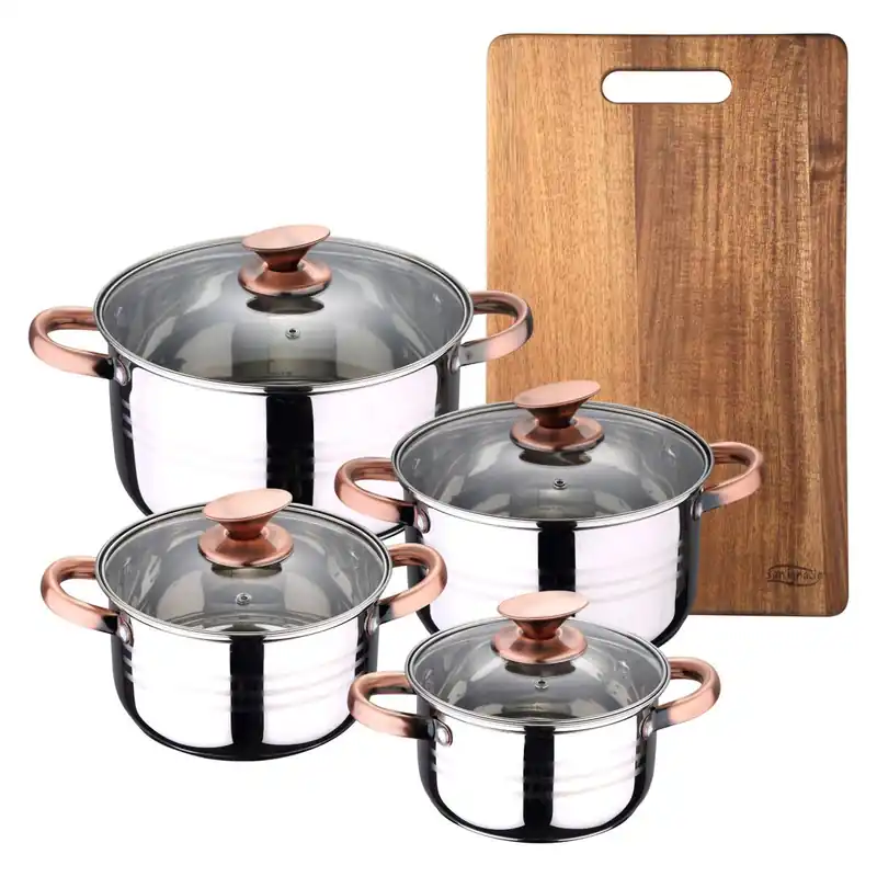 Bateria 8pc acero inoxidable apta para inducción Colección San Ignacio Premium + Tabla de cortar 40,3x25,2x2,5cm de madera de acacia NOIA San Ignacio - Cocina