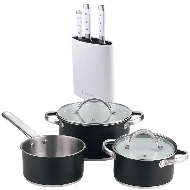 Bateria de cocina 5 pzs (2 cacerolas c/tapa + cazo) acero c/revestimineto+Juego de 3 Cuchillos de acero inoxidable + Tacoma en color Blanco