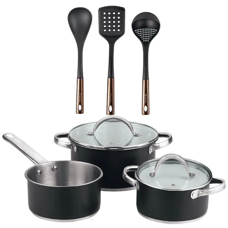 Bateria de cocina 5 pzs (2 cacerolas c/tapa + cazo) acero c/revestimineto+ Bergner Copper Set de 3 Utensilios de cocina en PBT negro y cobre