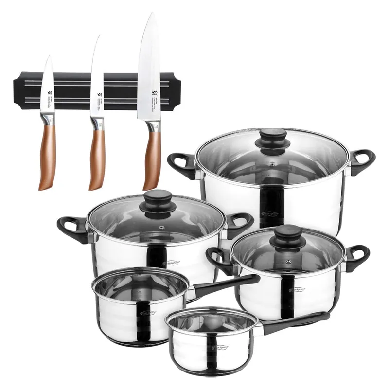 Batería de cocina de ocho piezas San Ignacio+ Bergner Copper Set de 3 Cuchillos en acero inoxidable + Soporte magnético de pared