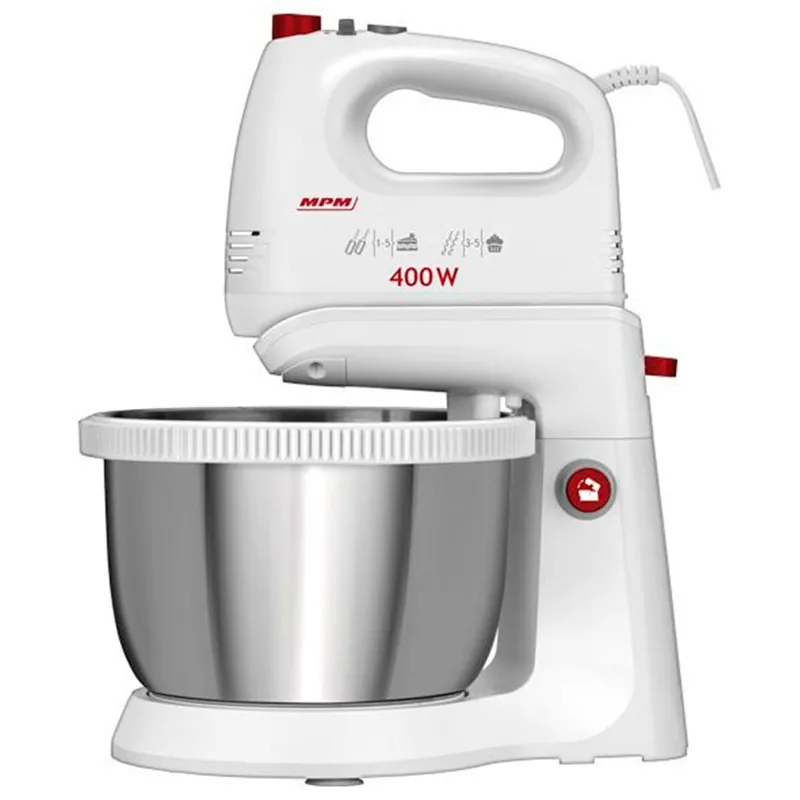 MPM MMR-21Z Batidora Amasadora Repostería Bol 3,5L, 5 Velocidades+Turbo Bol Giratorio Accesorios Acero Inox., 400, Blanco