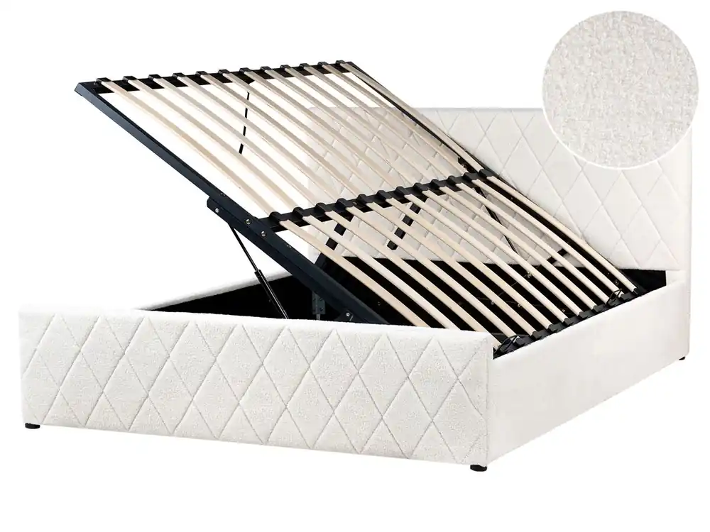 Cama con almacenaje Bouclé ROCHEFORT 160 x 200 cm Blanco crema - Descanso