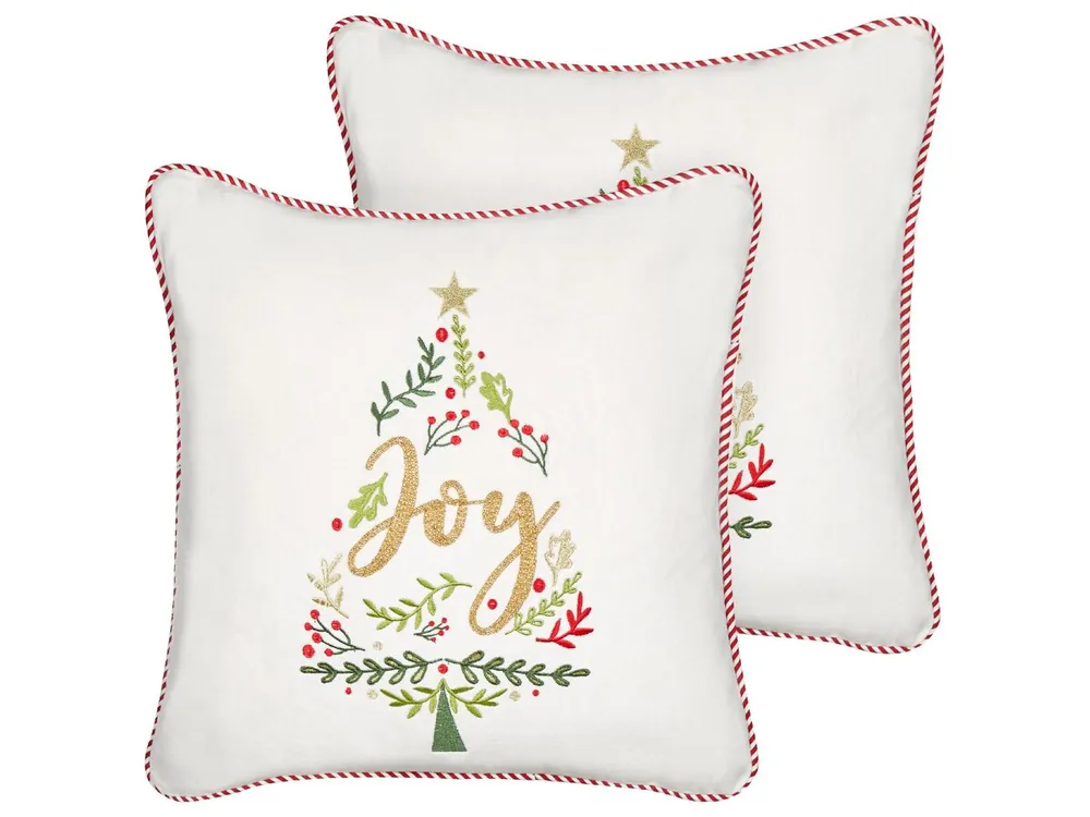 Conjunto de 2 cojines decorativos ECHEVERIA Terciopelo 45 x 45 cm Blanco Patrón navideño - Textil