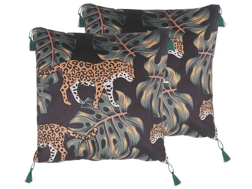Conjunto de 2 cojines decorativos KUHI Terciopelo 45 x 45 cm Negro Patrón animal - Textil