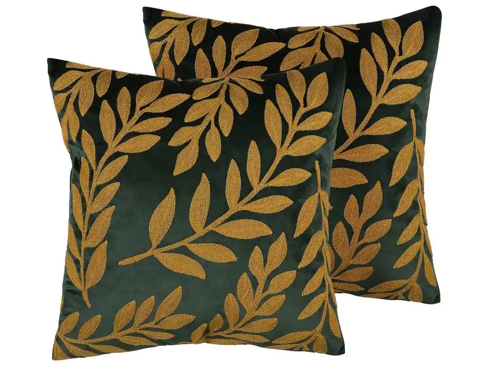 Conjunto de 2 cojines decorativos MISTLETOE Terciopelo 45 x 45 cm Verde Dorado Patrón de plantas - Textil