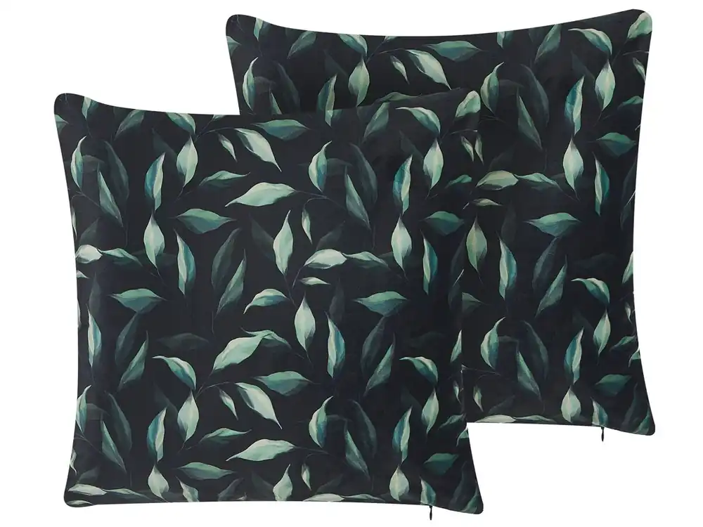 Conjunto de 2 cojines decorativos TOADFLAX Terciopelo 45 x 45 cm Verde Negro Patrón de plantas - Textil