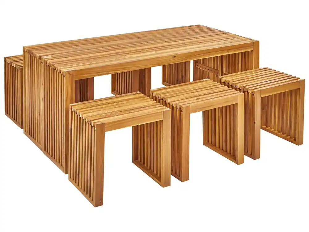 Conjunto de comedor exterior con bancos y taburetes 6 plazas BELLANO Madera de acacia Marrón - Jardín