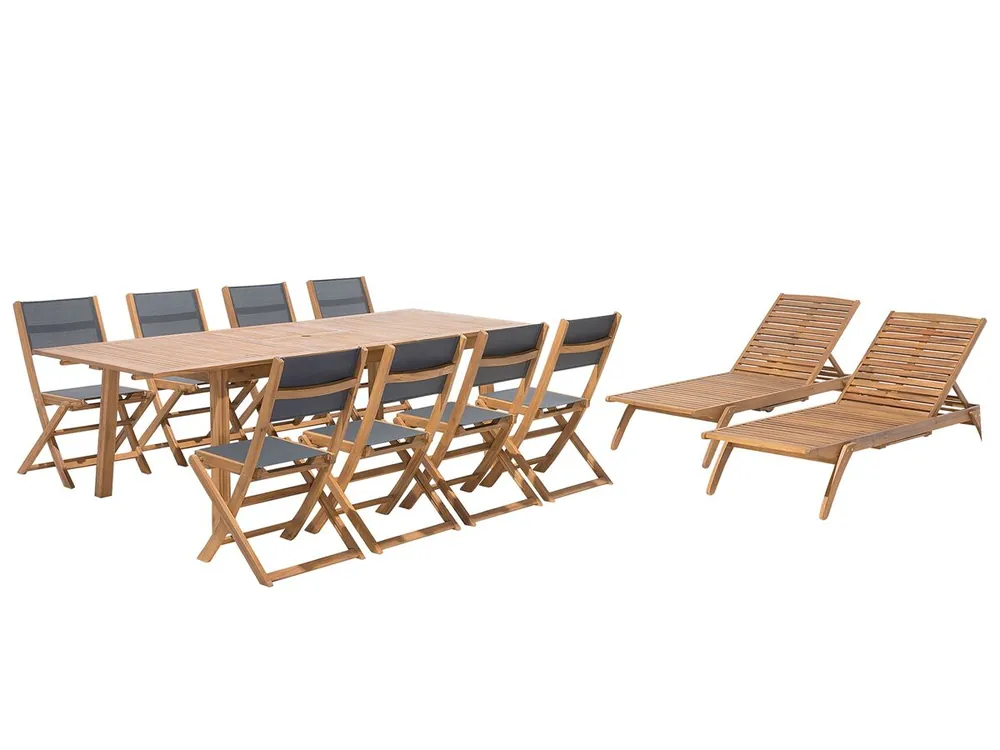 Conjunto de comedor exterior con tumbonas 8 plazas CESANA Madera de acacia Marrón claro - Jardín